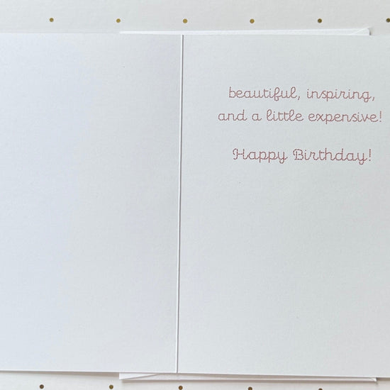 White birthday card with text on a polka dot background
