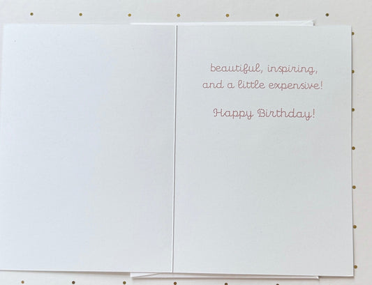 White birthday card with text on a polka dot background